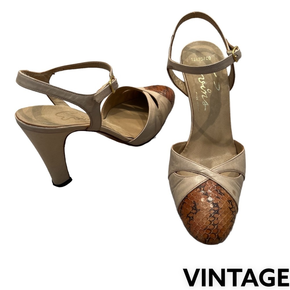 VINTAGE PUMPS 60s EVINS Heels Leather Snakeskin Tan Saddle 6M Made in Italy - Picture 2 of 15